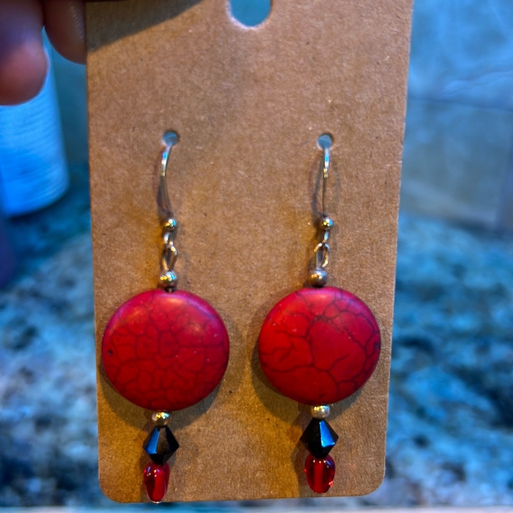 Earrings, Handmade Red and black Earrings, 2.1”, NEW